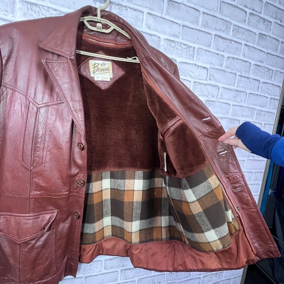 VINTAGE |•BERMAN'S•| Cognac Brown 70s Leather Jacket Size 46 / XL - Picture 9 of 11
